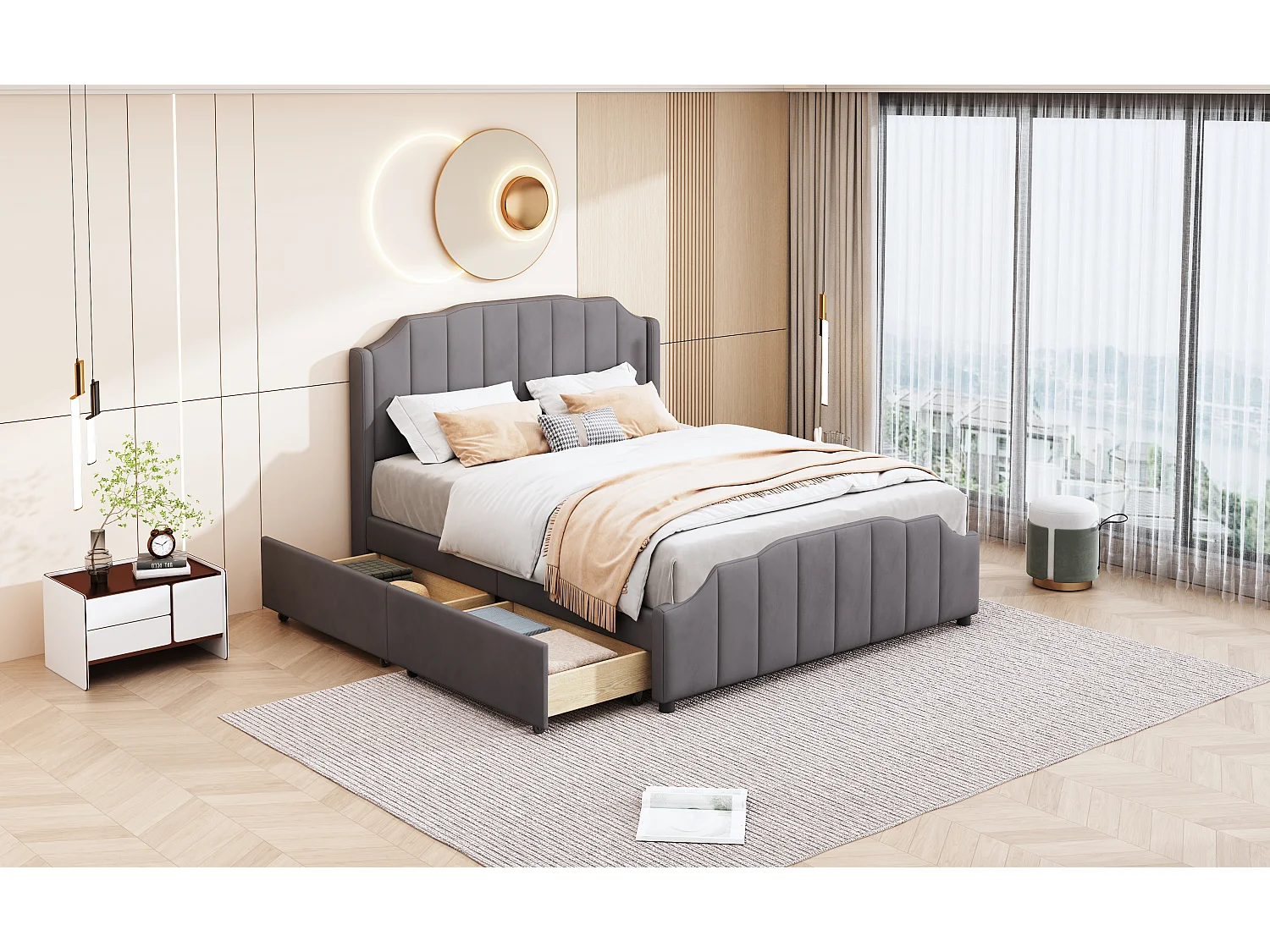 Lit 140 x 200 cm pour adulte avec tête de lit et 2 tiroirs - Velours - Gris