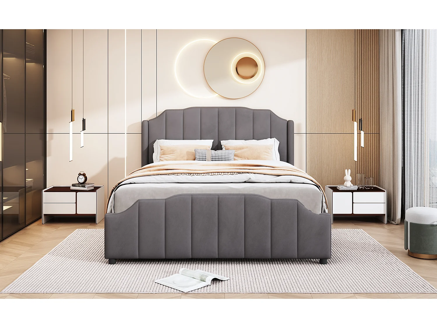Lit 140 x 200 cm pour adulte avec tête de lit et 2 tiroirs - Velours - Gris