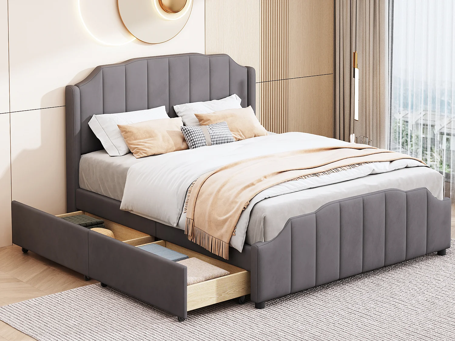Lit 140 x 200 cm pour adulte avec tête de lit et 2 tiroirs - Velours - Gris