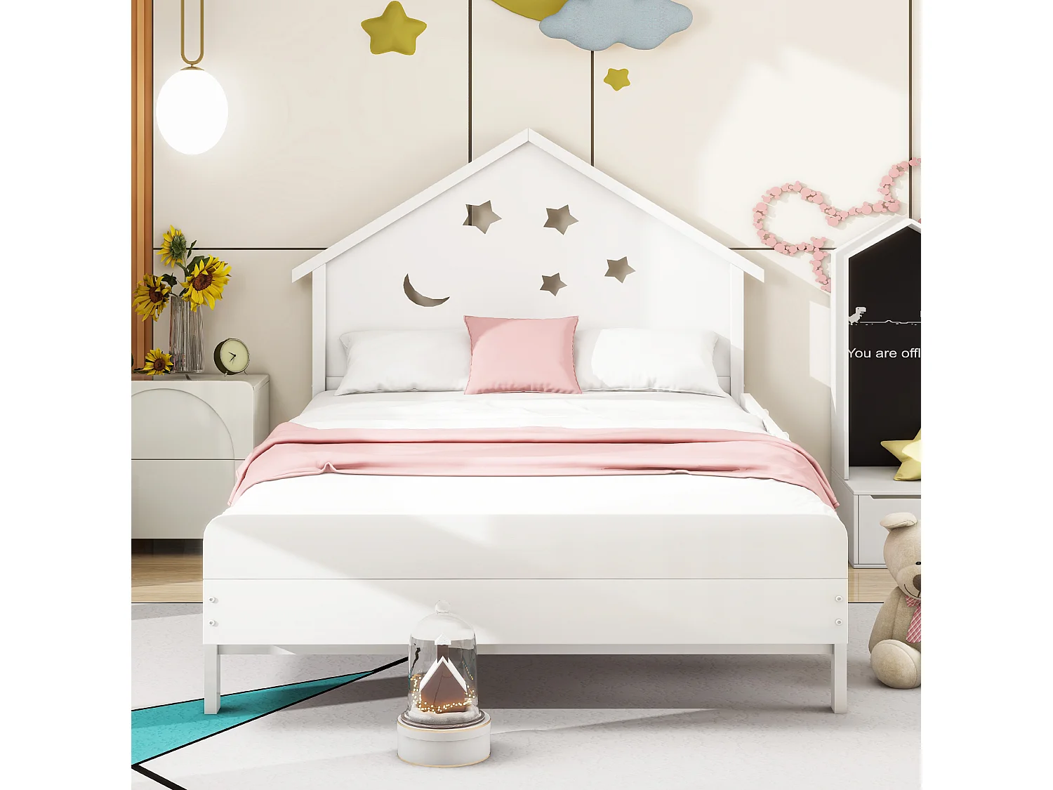 Lit enfant 90 x 200 cm avec tête de lit - Bois massif - Motif étoile-lune - Blanc