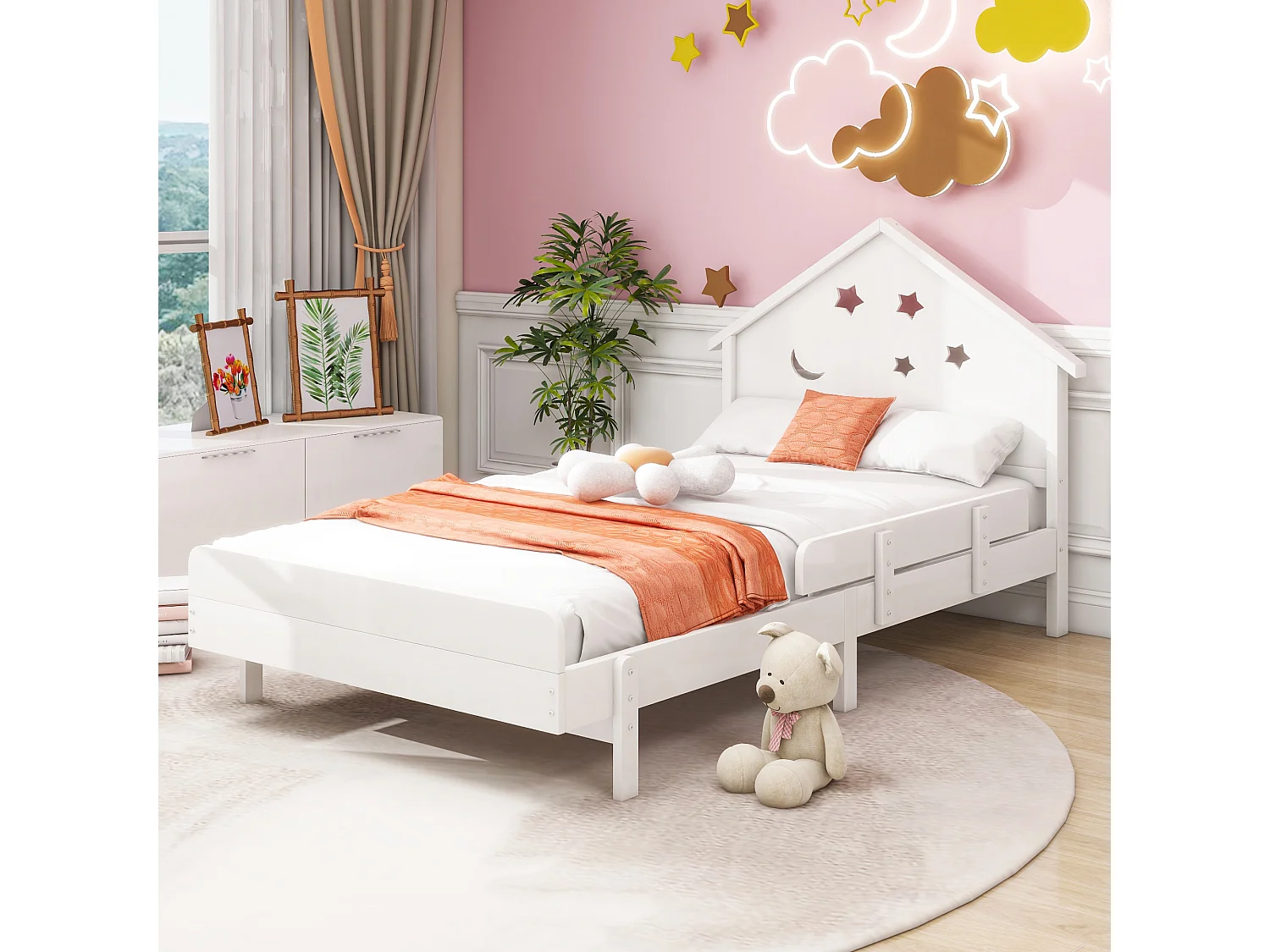 Lit enfant 90 x 200 cm avec tête de lit - Bois massif - Motif étoile-lune - Blanc