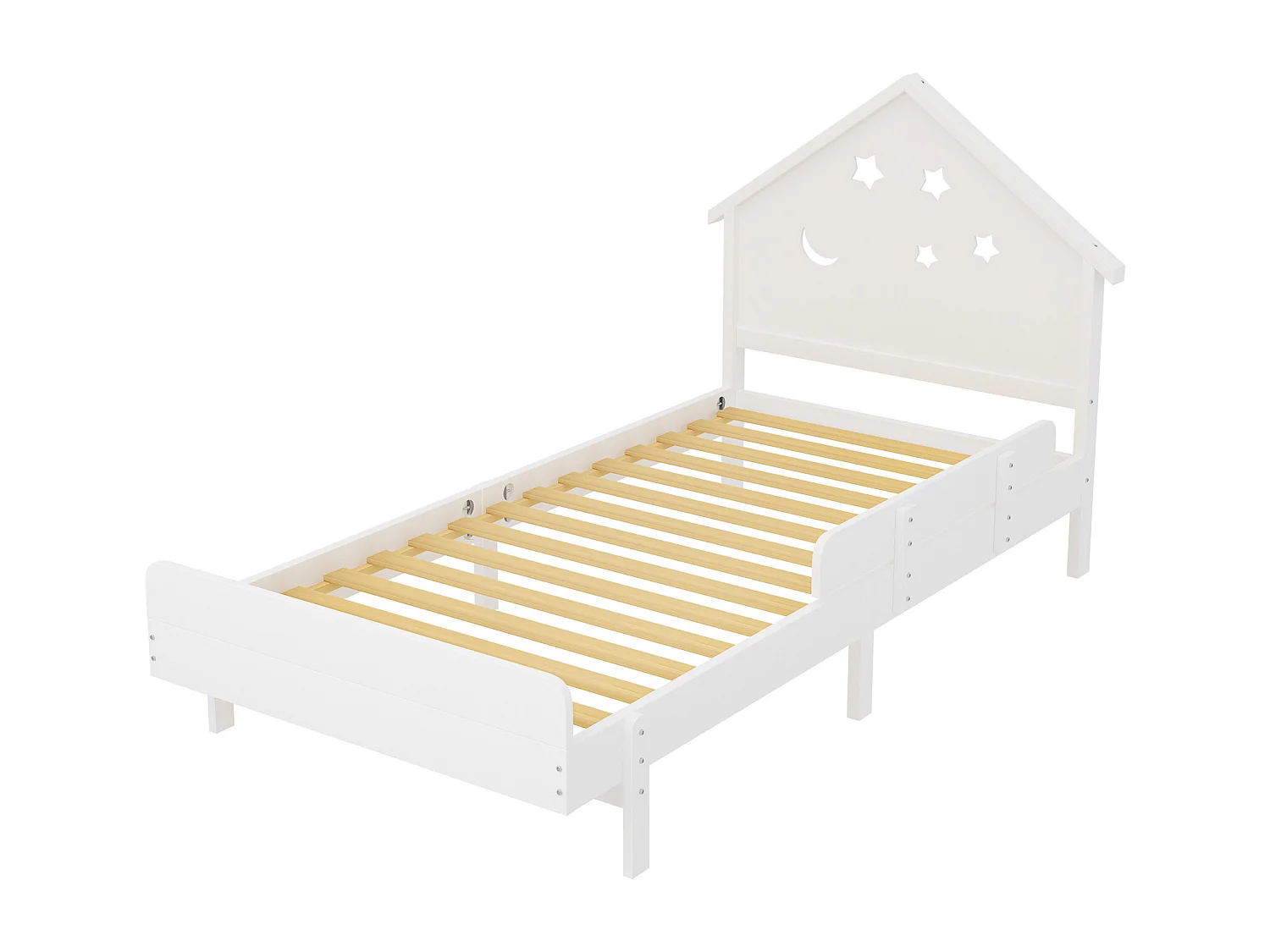 Lit enfant 90 x 200 cm avec tête de lit - Bois massif - Motif étoile-lune - Blanc