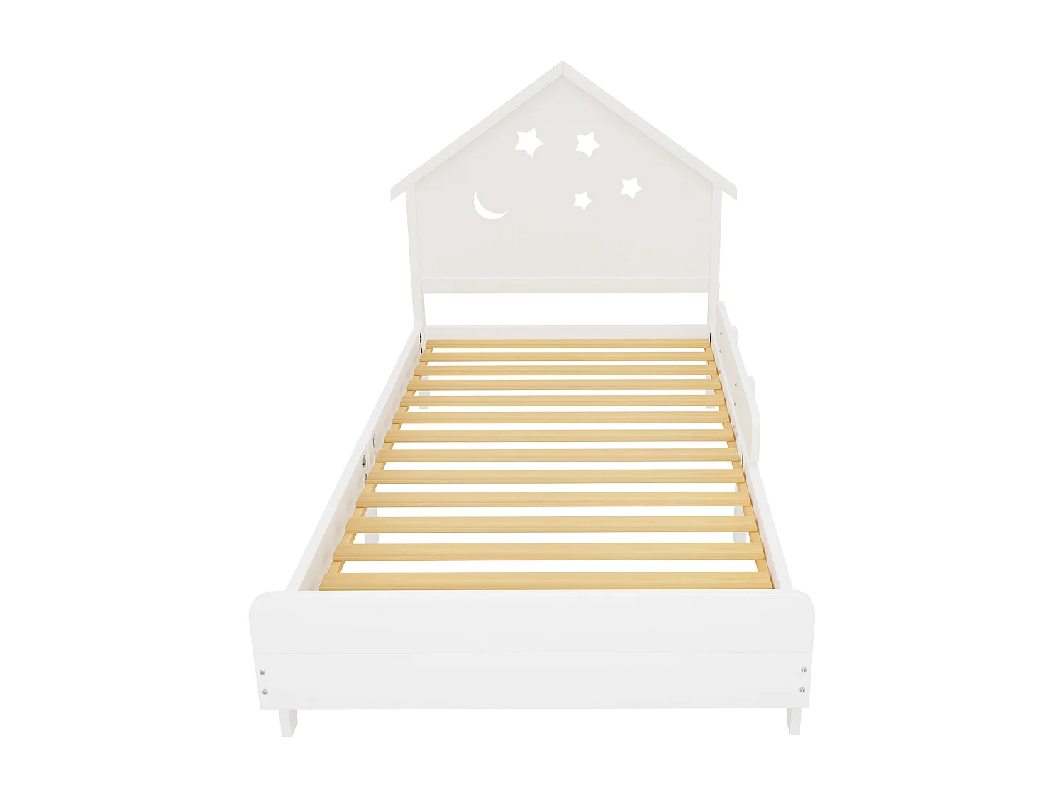 Lit enfant 90 x 200 cm avec tête de lit - Bois massif - Motif étoile-lune - Blanc