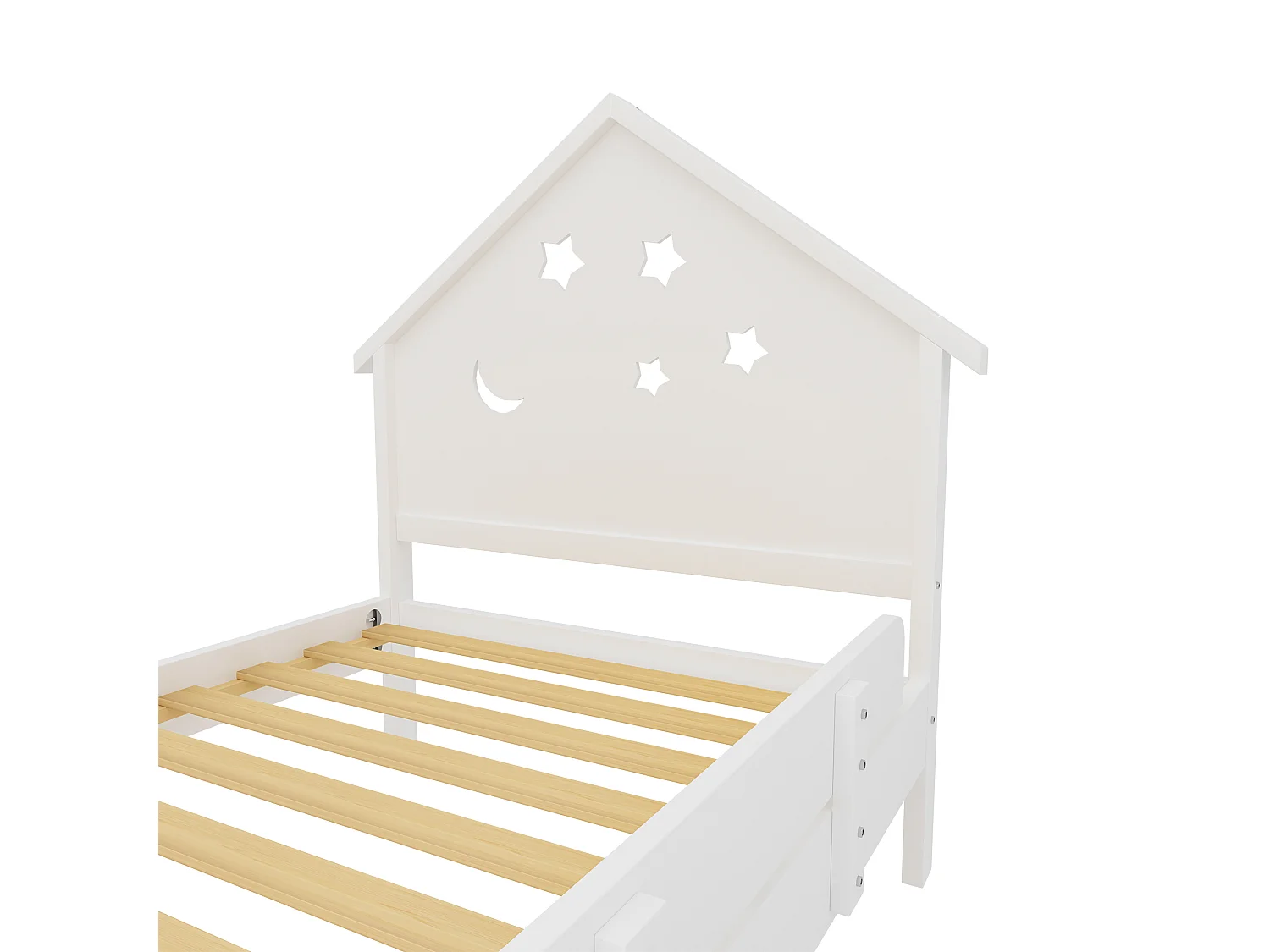 Lit enfant 90 x 200 cm avec tête de lit - Bois massif - Motif étoile-lune - Blanc