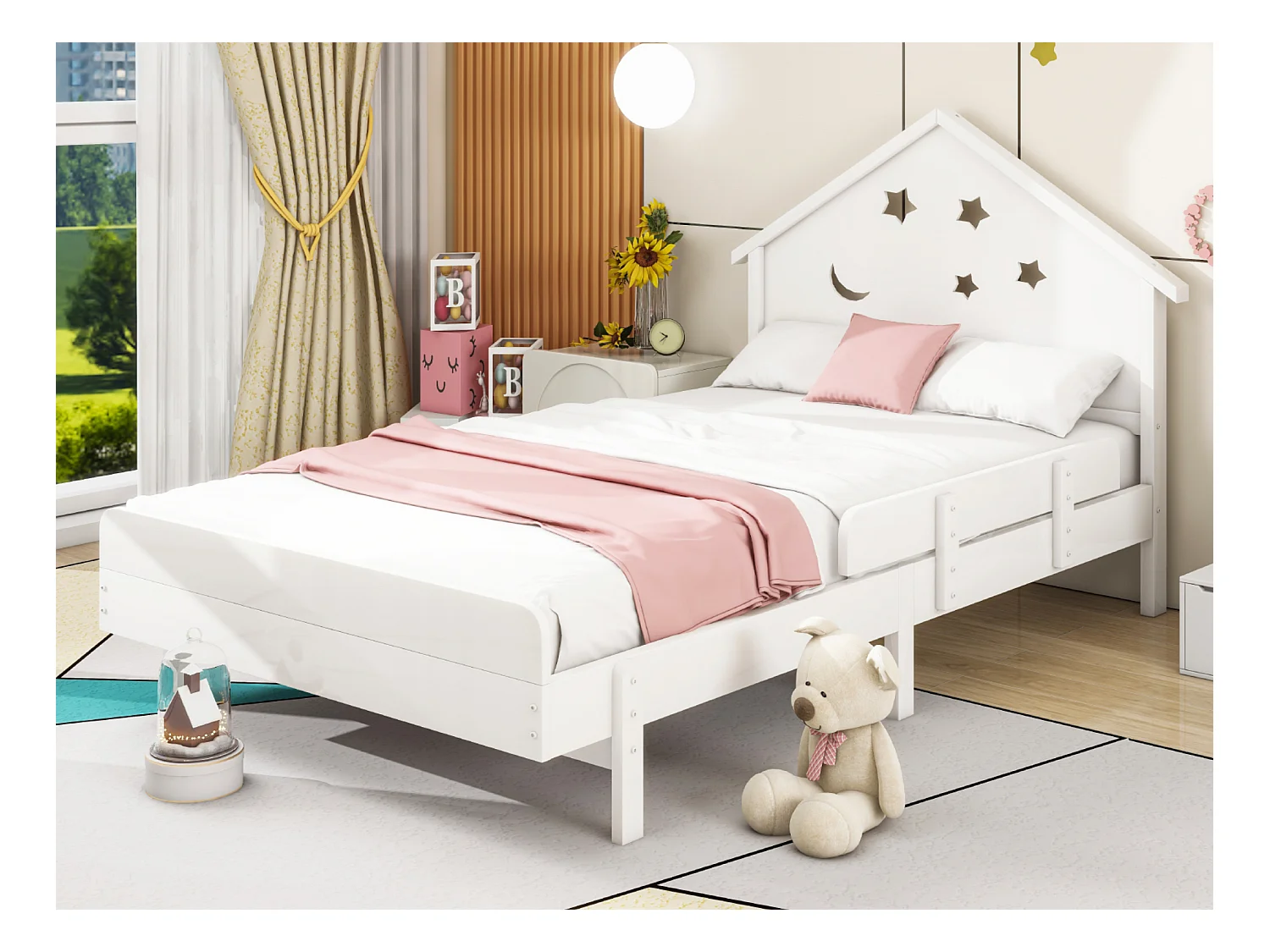 Lit enfant 90 x 200 cm avec tête de lit - Bois massif - Motif étoile-lune - Blanc