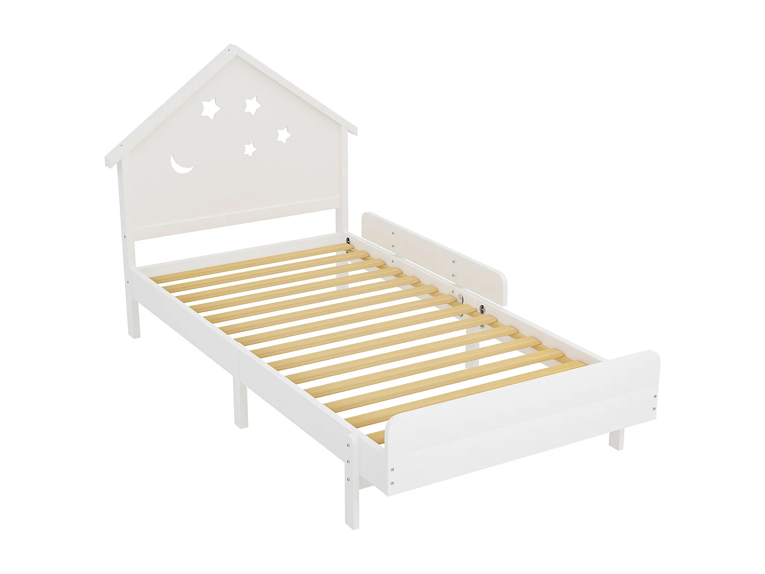 Lit enfant 90 x 200 cm avec tête de lit - Bois massif - Motif étoile-lune - Blanc