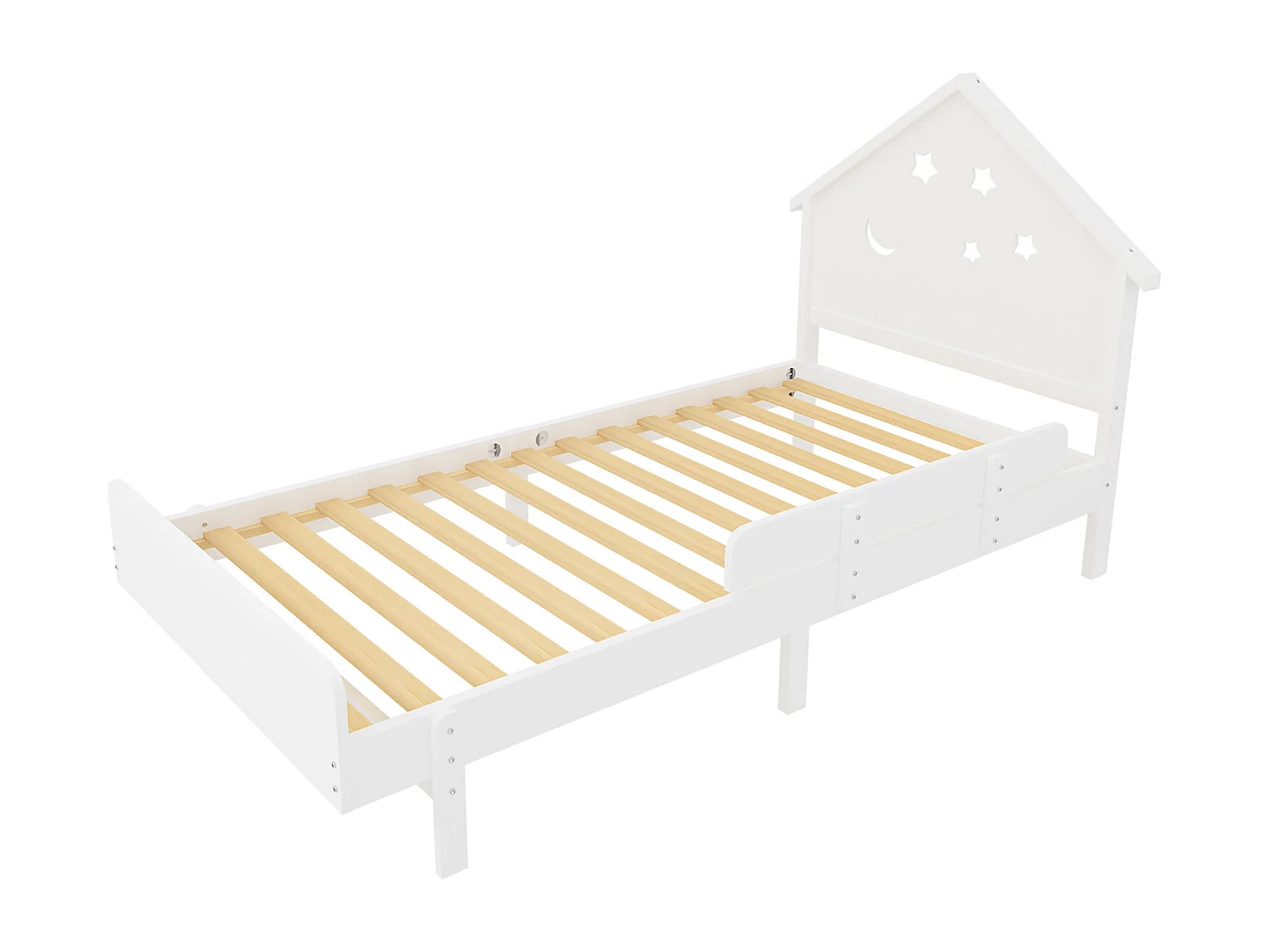 Lit enfant 90 x 200 cm avec tête de lit - Bois massif - Motif étoile-lune - Blanc