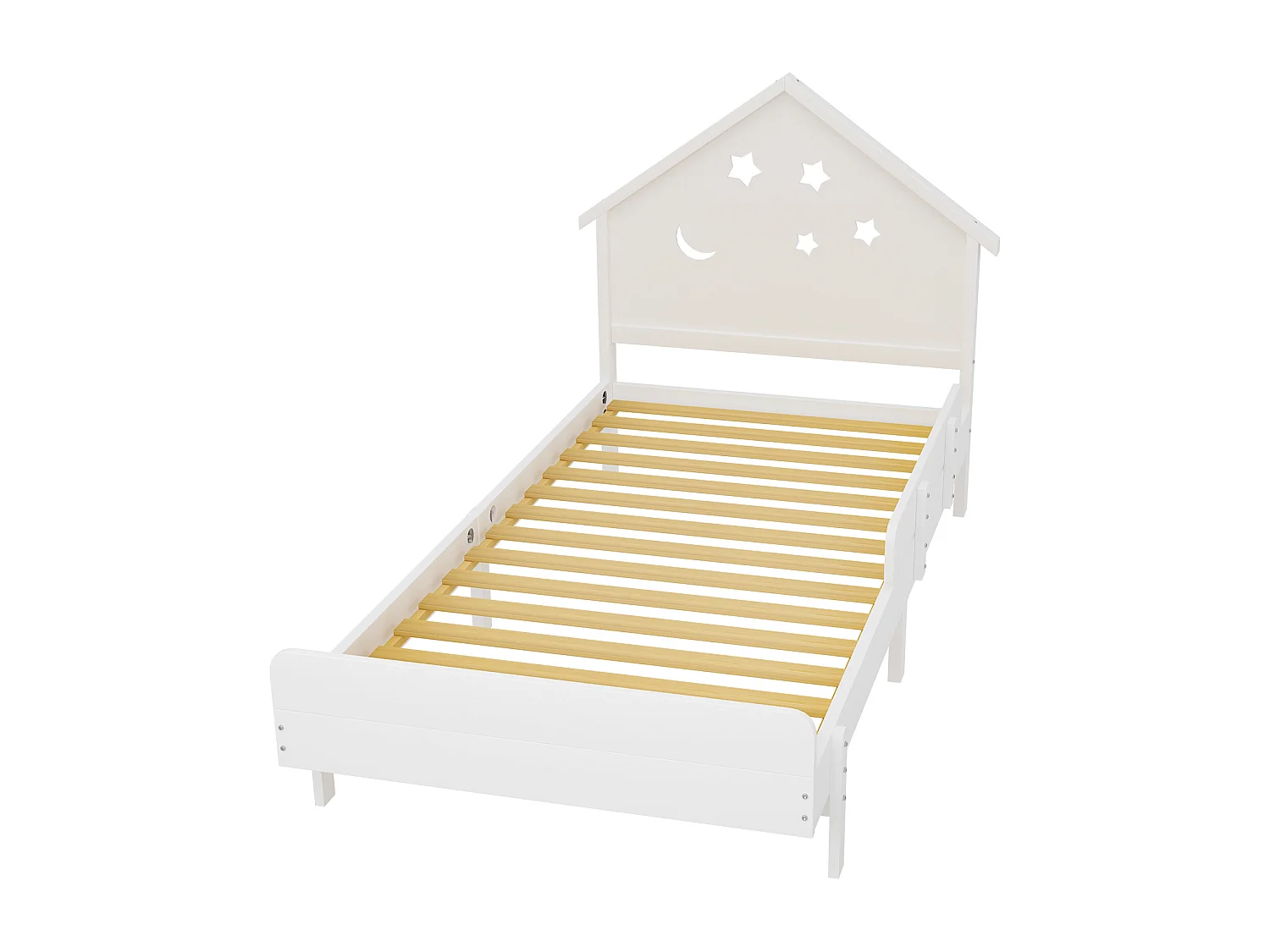Lit enfant 90 x 200 cm avec tête de lit - Bois massif - Motif étoile-lune - Blanc