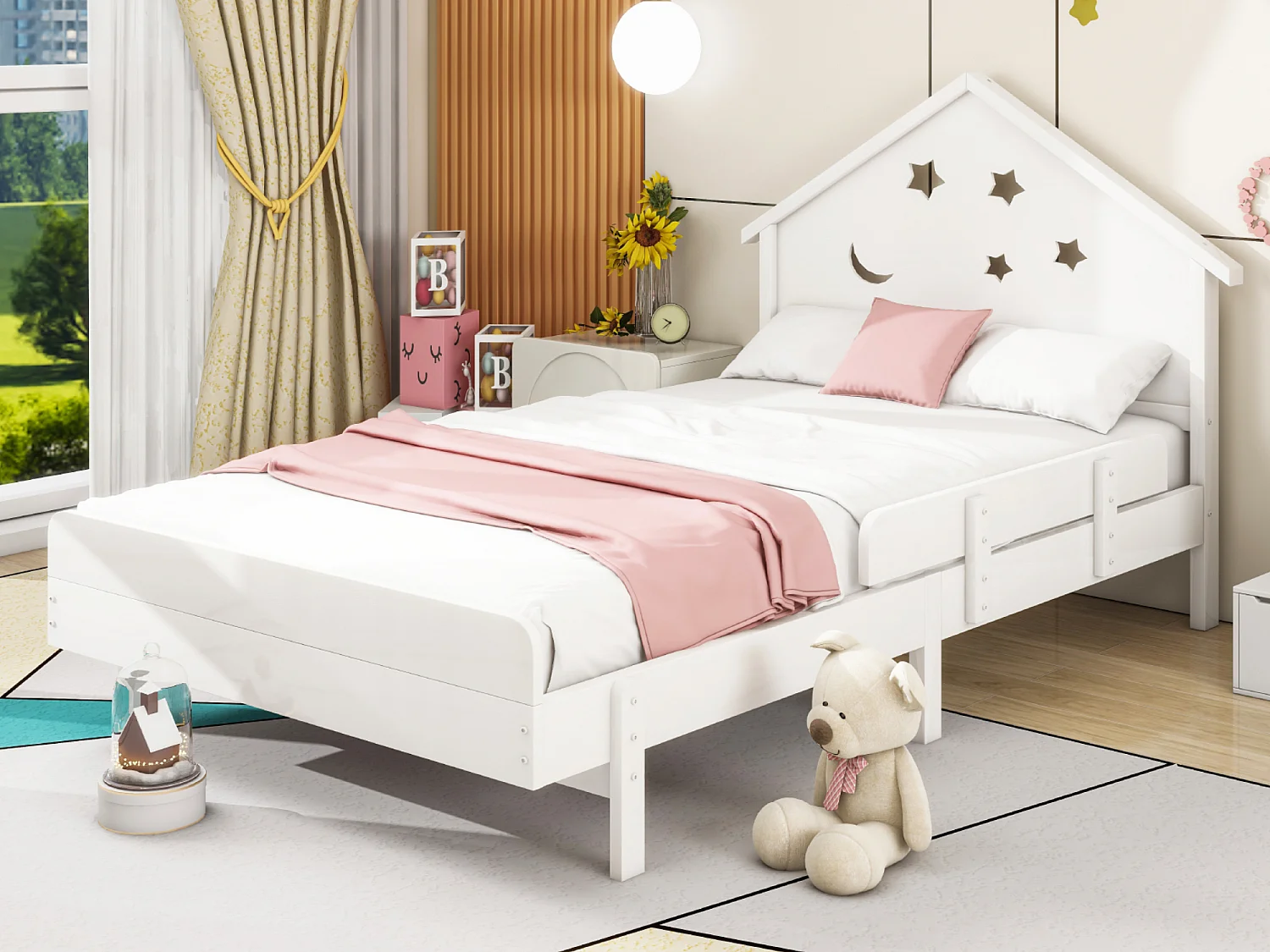 Kinderbed 90 x 200 cm met hoofdeinde - Massief hout - Sterrenmaanmotief - Wit