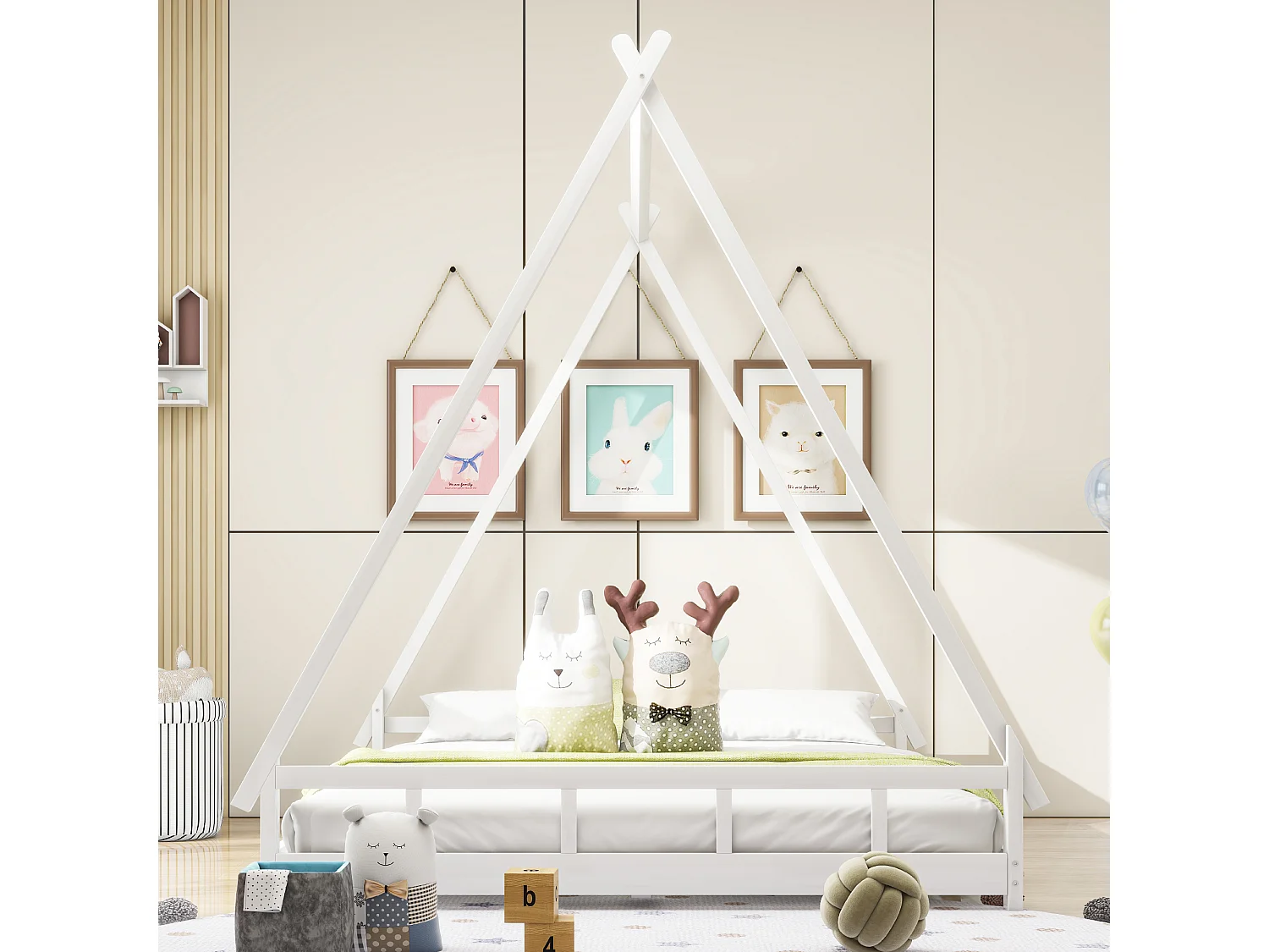 Lit tipi 140 x 200 cm - lit simple - bois massif - sommier à lattes inclus - coloris: blanc