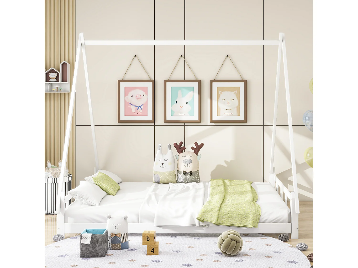 Lit tipi 140 x 200 cm - lit simple - bois massif - sommier à lattes inclus - coloris: blanc