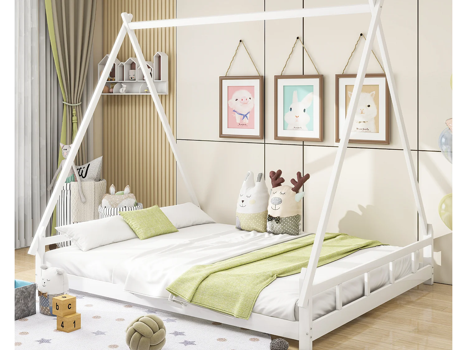 Lit tipi 140 x 200 cm - lit simple - bois massif - sommier à lattes inclus - coloris: blanc