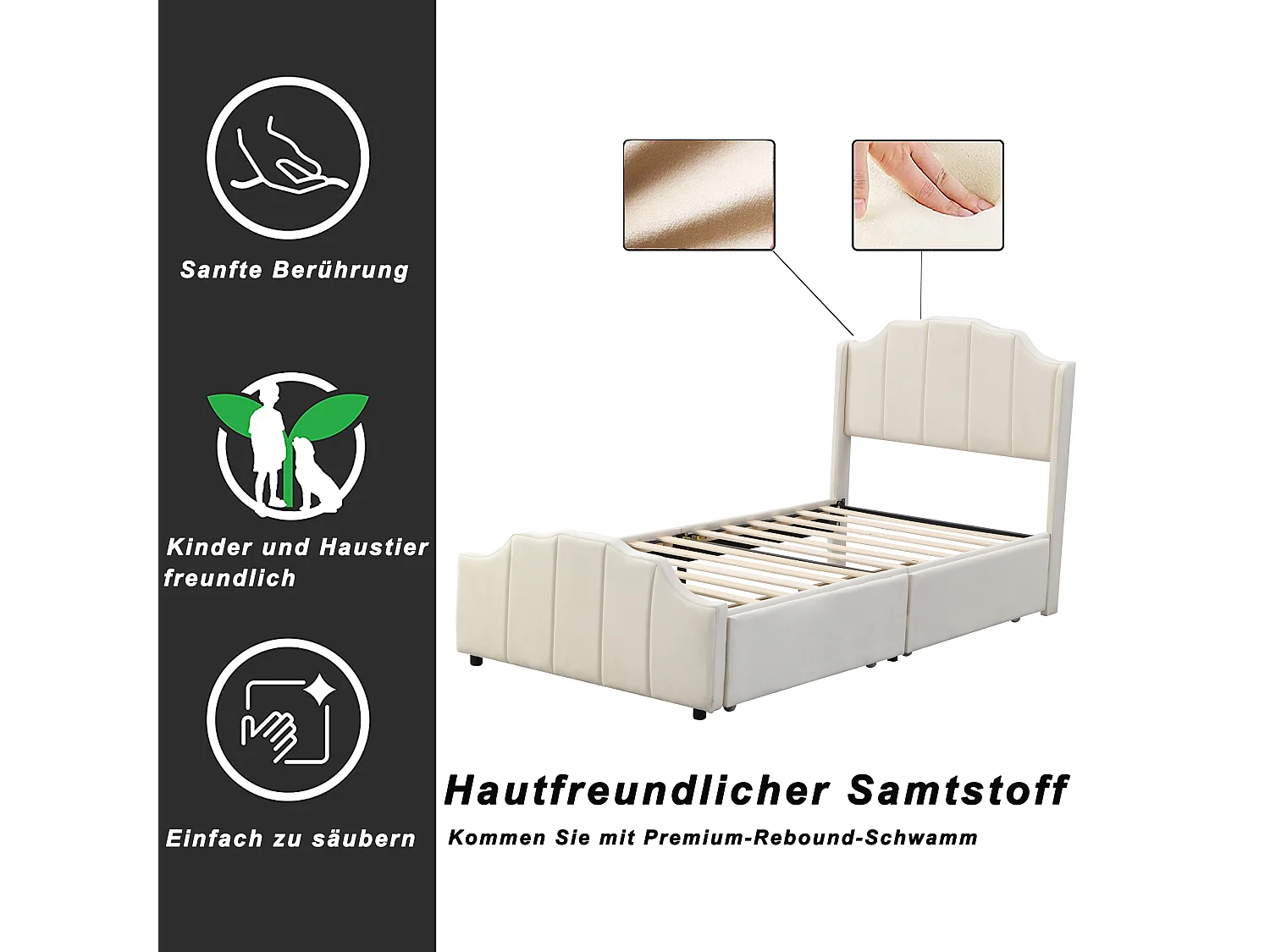 Polsterbett 90 x 200 cm Kinderbettgestell mit 2 Stauraumschubladen mit Kopfteil, Fußteil und Lattenrost Doppelbett gepolstert mit Samt Jugendbett beige Beistellbett