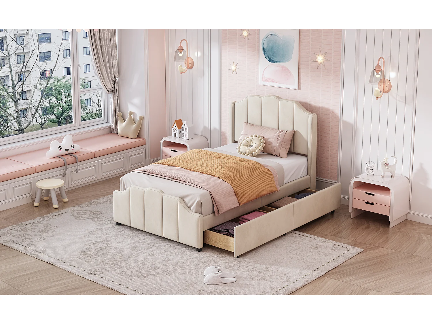 Polsterbett 90 x 200 cm Kinderbettgestell mit 2 Stauraumschubladen mit Kopfteil, Fußteil und Lattenrost Doppelbett gepolstert mit Samt Jugendbett beige Beistellbett