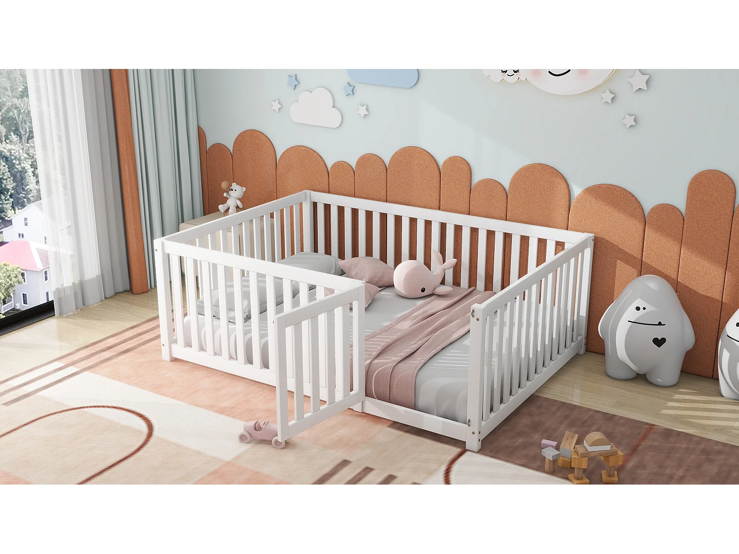 Lit enfant 140 x 200, cadre de lit au sol en bois avec clôture et porte, blanc