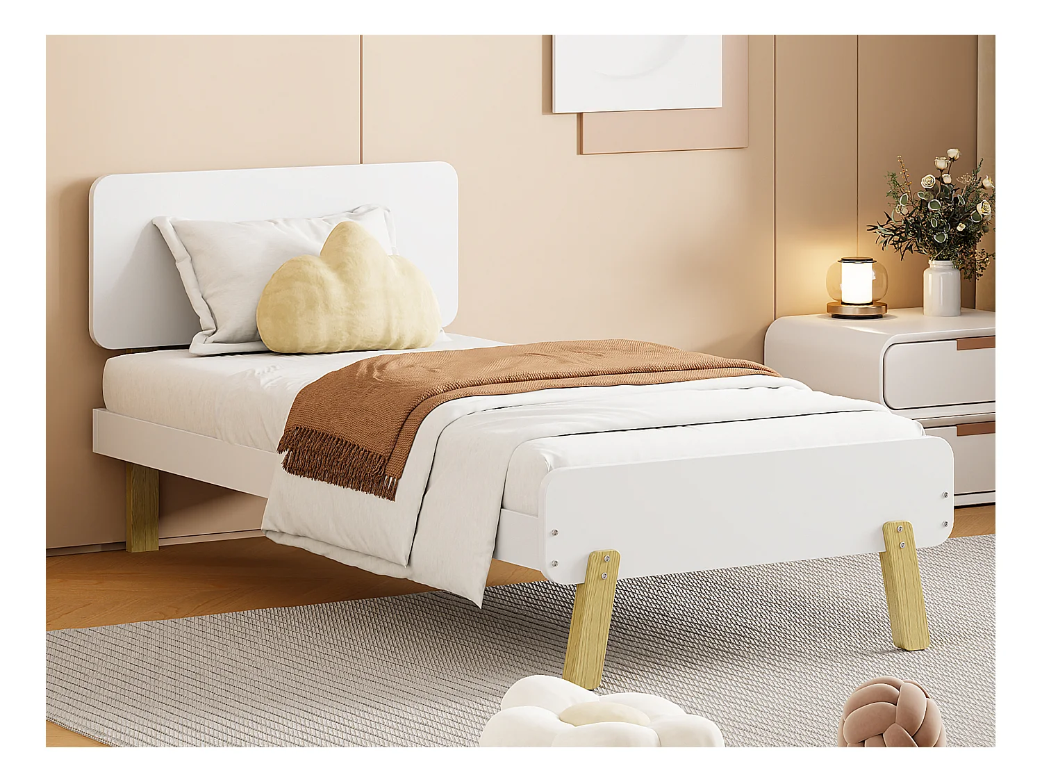 Lit enfant 90 x 190 cm avec tête de lit - bois massif - blanc