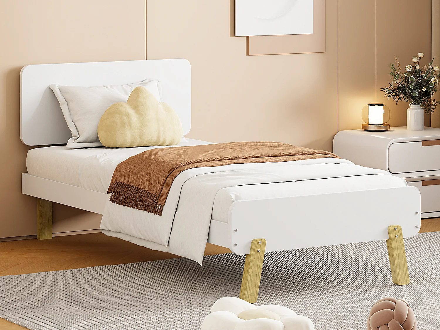 Lit enfant 90 x 190 cm avec tête de lit - bois massif - blanc