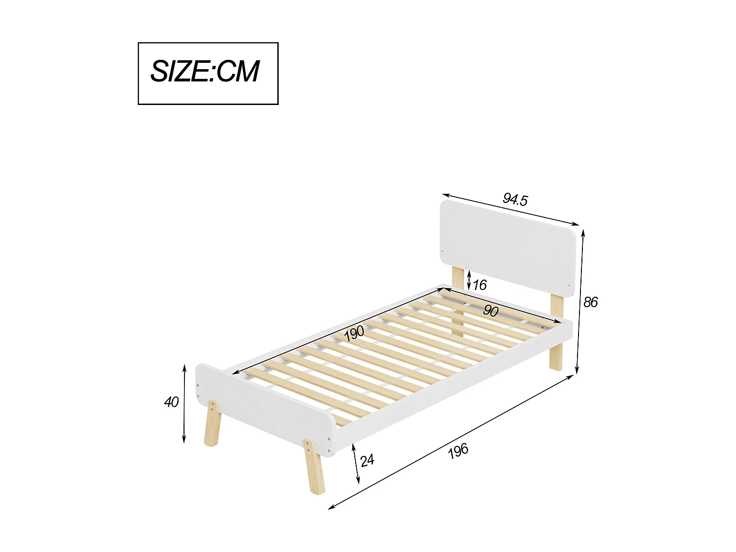 Lit enfant 90 x 190 cm avec tête de lit - bois massif - blanc