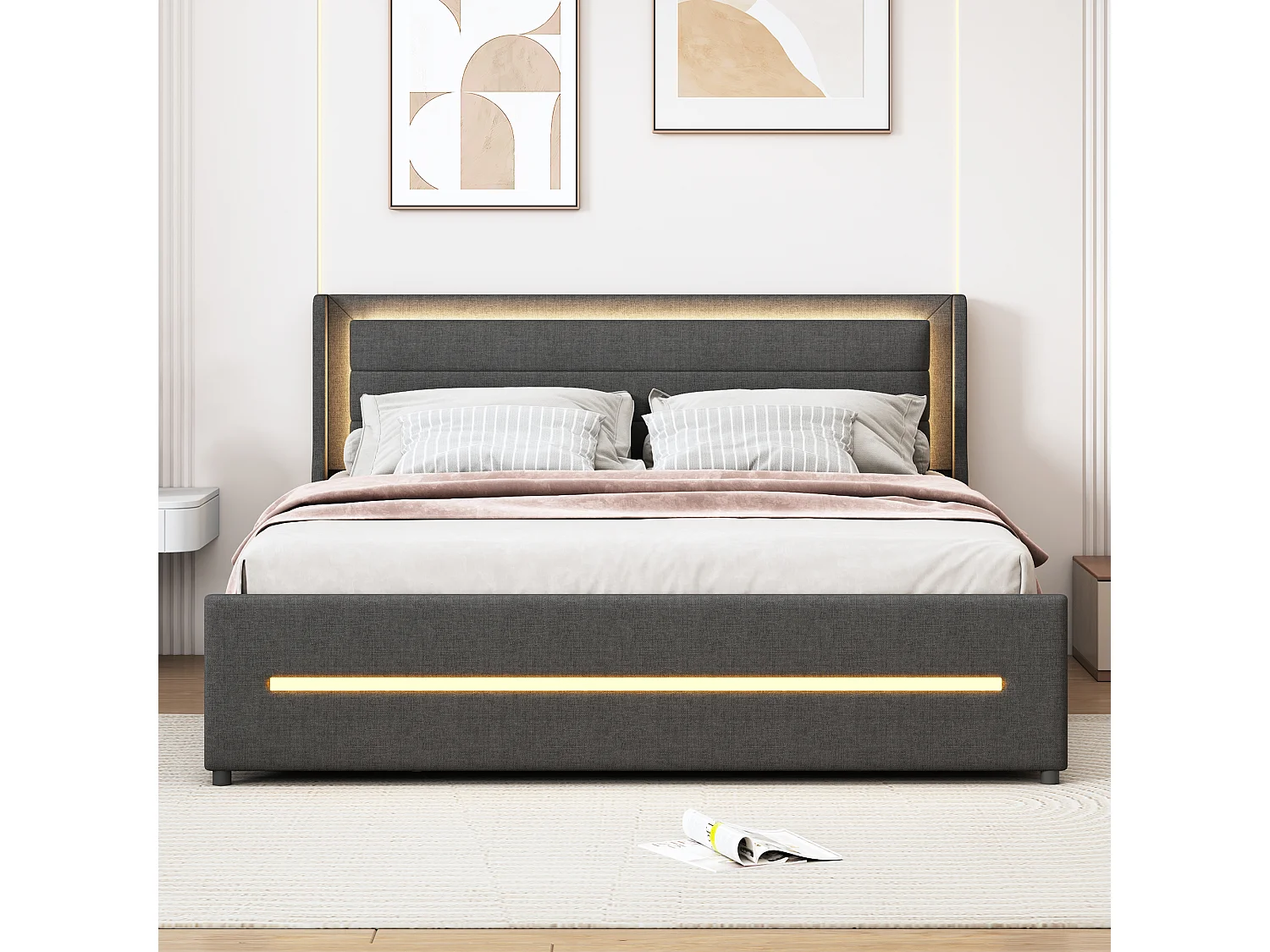 Gestoffeerd bed 160 x 200 cm met 4 lades + LED-verlichting - linnen stof - grijs