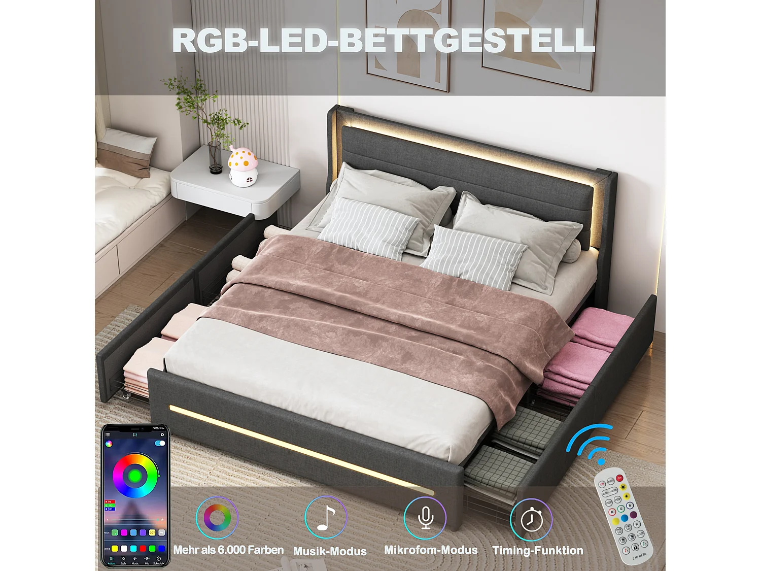 Gestoffeerd bed 160 x 200 cm met 4 lades + LED-verlichting - linnen stof - grijs
