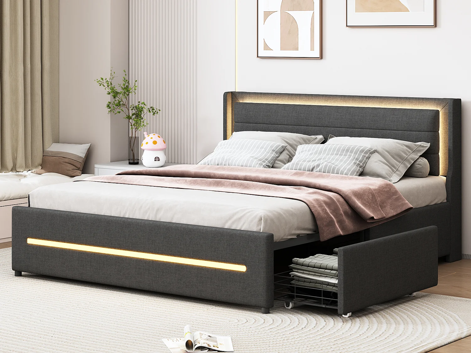 Łóżko tapicerowane 160 x 200 cm z 4 szufladami + oświetlenie LED - tkanina lniana - szare