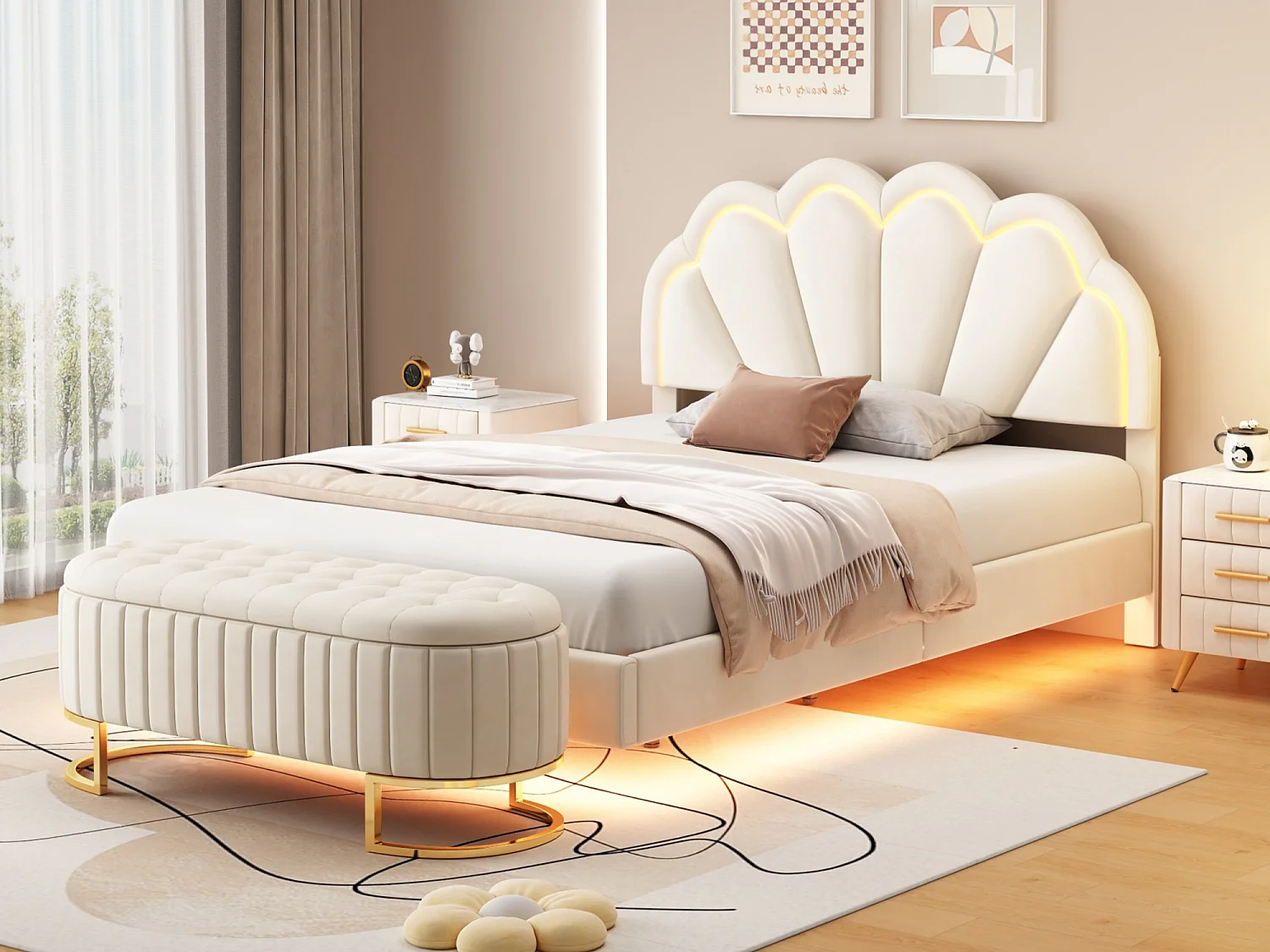 Lit rembourré 140 x 200 cm avec banquette escamotable - LEDs - Velours - Beige