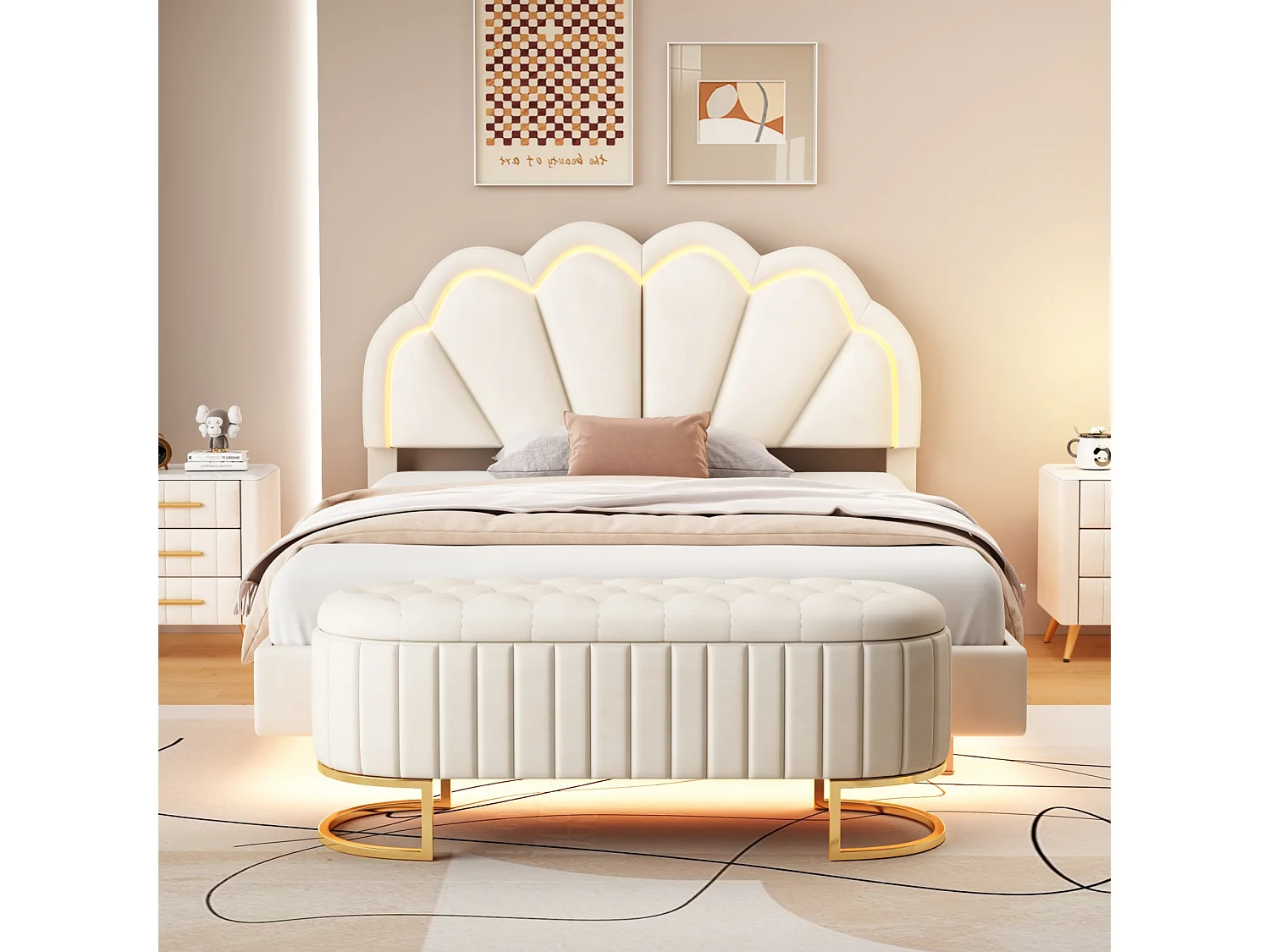 Lit rembourré 140 x 200 cm avec banquette escamotable - LEDs - Velours - Beige