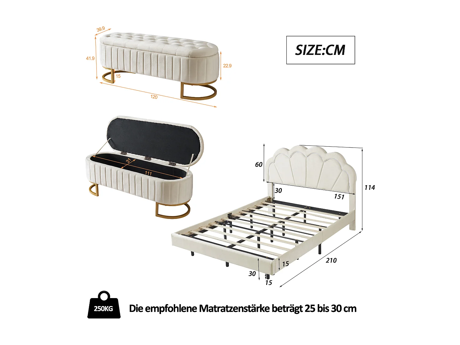 Lit rembourré 140 x 200 cm avec banquette escamotable - LEDs - Velours - Beige