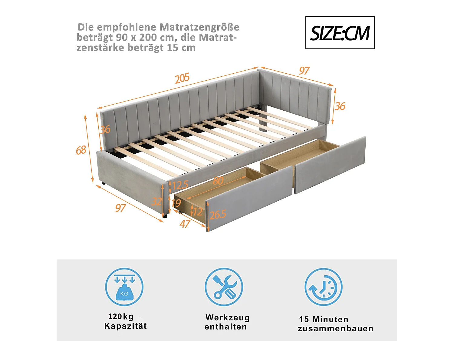 Gestoffeerd bed 90 x 200 cm - Slaapbank met 2 lades - Fluweel - Grijs