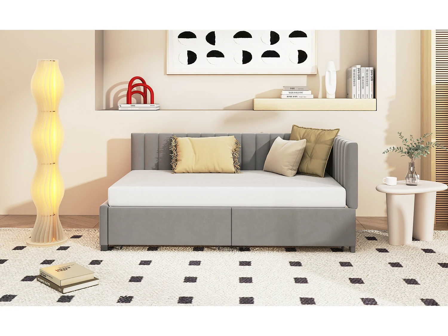 Gestoffeerd bed 90 x 200 cm - Slaapbank met 2 lades - Fluweel - Grijs