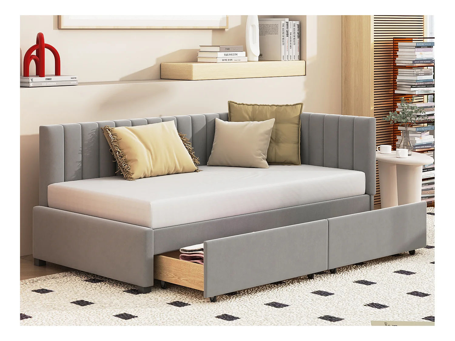 Polsterbett 90 x 200 cm – Schlafsofa mit 2 Schubladen – Samt – Grau