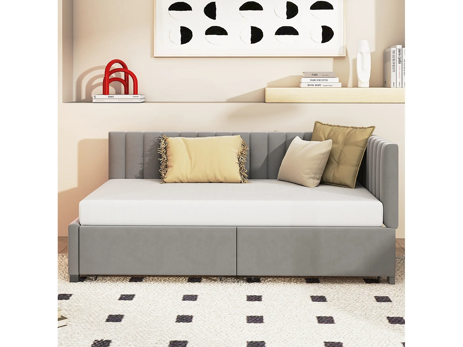 Polsterbett 90 x 200 cm – Schlafsofa mit 2 Schubladen – Samt – Grau