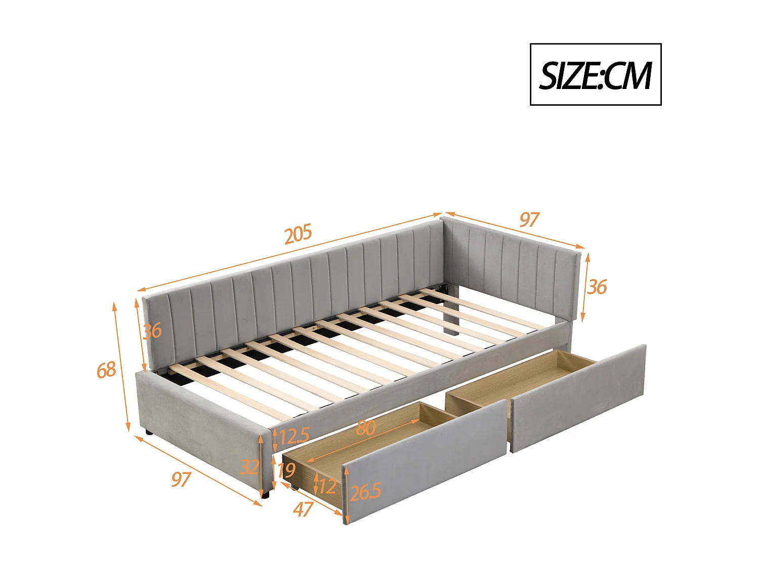 Polsterbett 90 x 200 cm – Schlafsofa mit 2 Schubladen – Samt – Grau