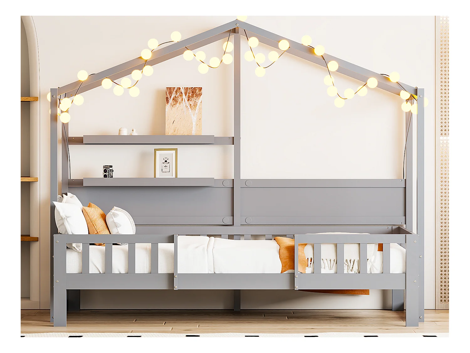 Lit cabane 90 x 200 cm - Canapé-lit - bois massif - Toit et étagères - Gris