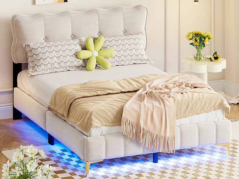 Polsterbett 140 x 200 cm mit Kopfteil – LEDs – Samt – Beige