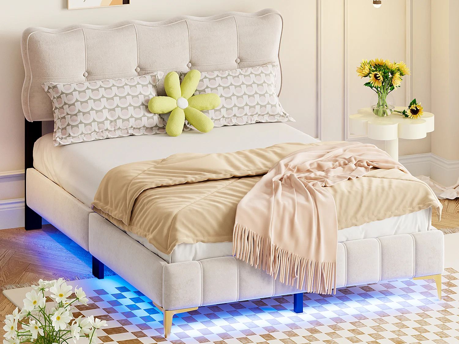 Letto imbottito 140 x 200 cm con testiera - LED - Velluto - Beige