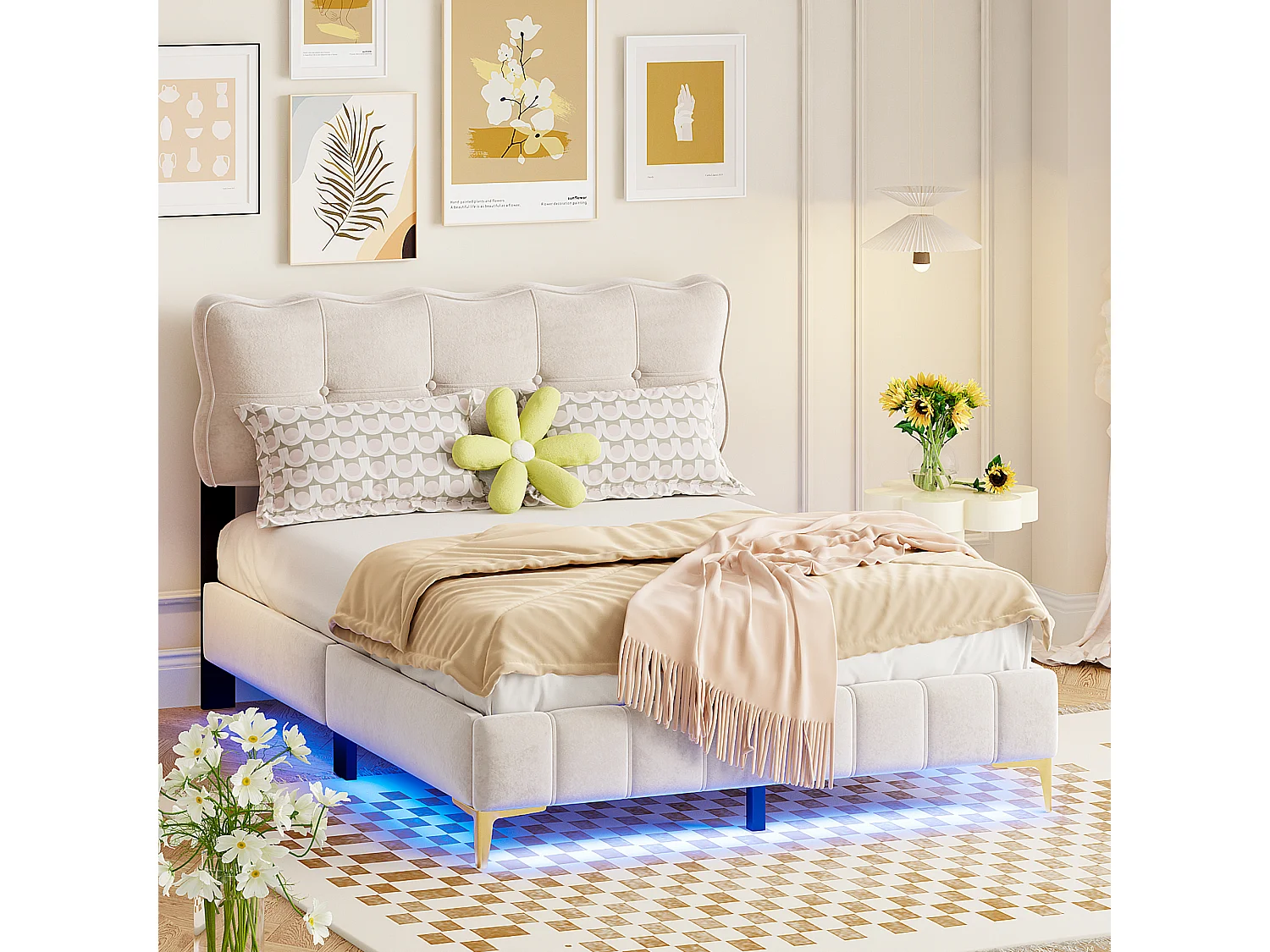 Letto imbottito 140 x 200 cm con testiera - LED - Velluto - Beige