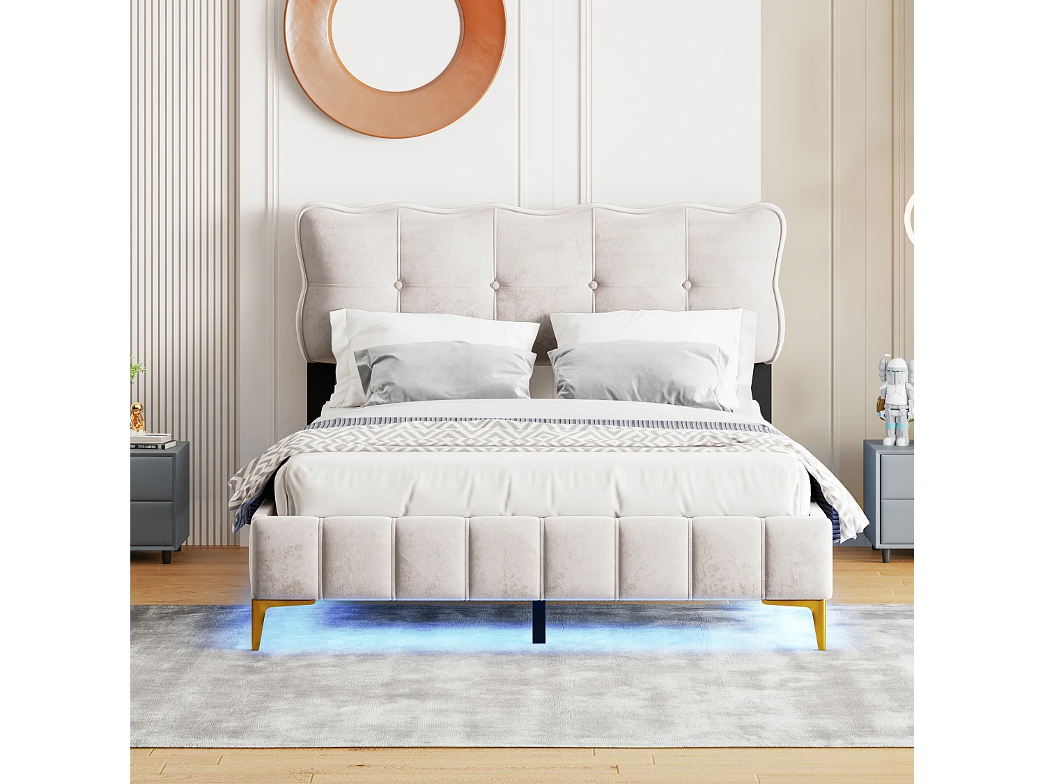 Letto imbottito 140 x 200 cm con testiera - LED - Velluto - Beige