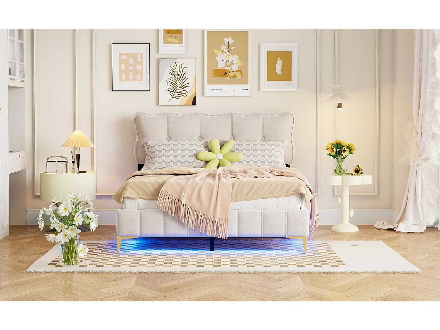 Letto imbottito 140 x 200 cm con testiera - LED - Velluto - Beige