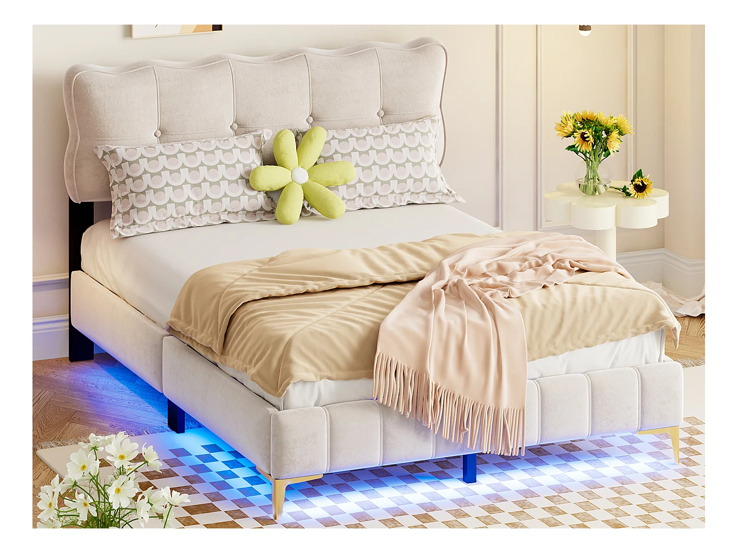 Lit capitonné 140 x 200 cm avec tête de lit - LEDs - Velours - Beige