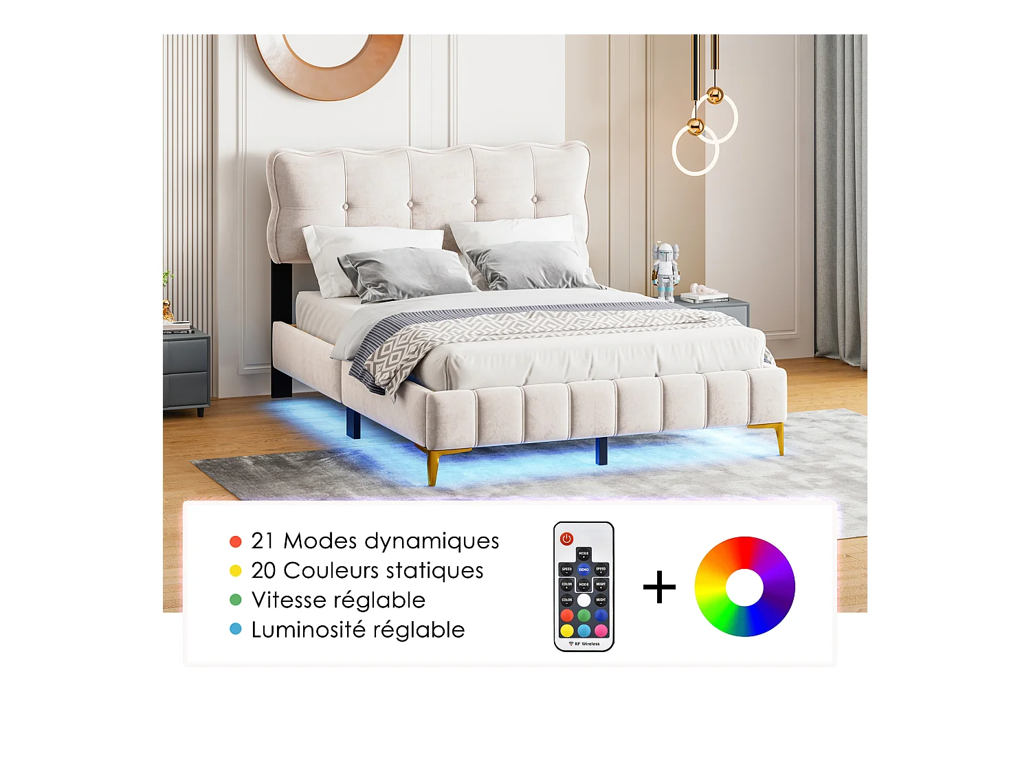 Lit capitonné 140 x 200 cm avec tête de lit - LEDs - Velours - Beige