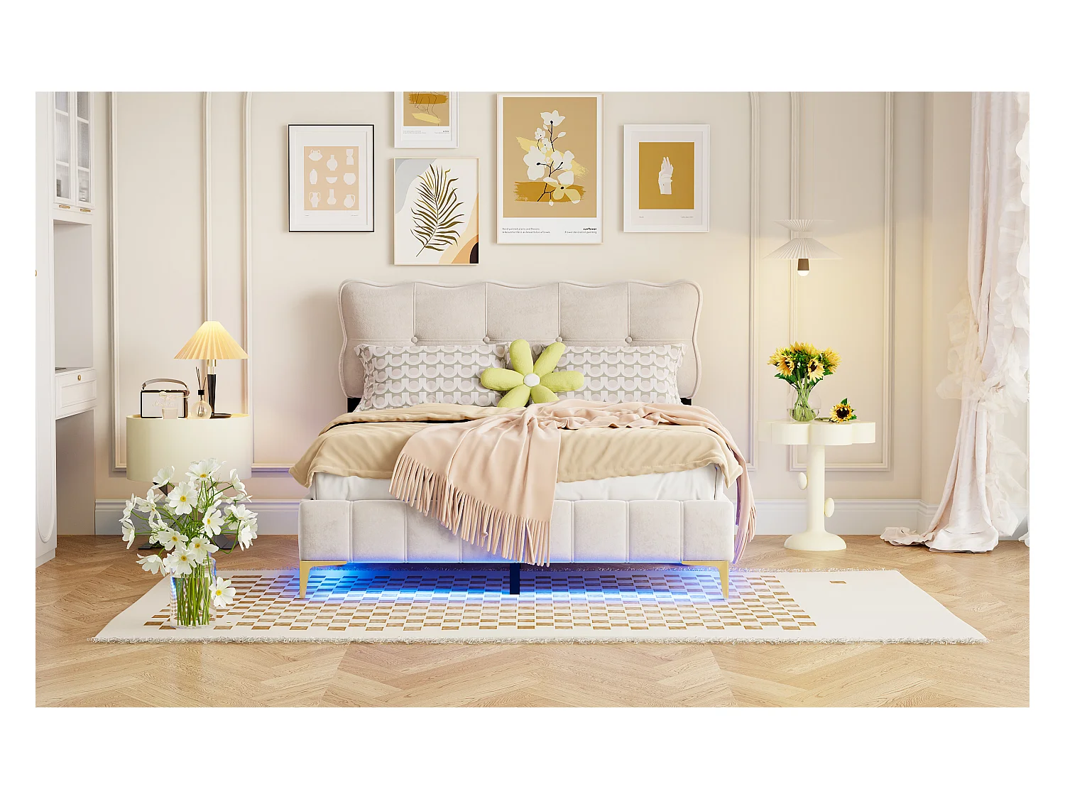 Lit capitonné 140 x 200 cm avec tête de lit - LEDs - Velours - Beige