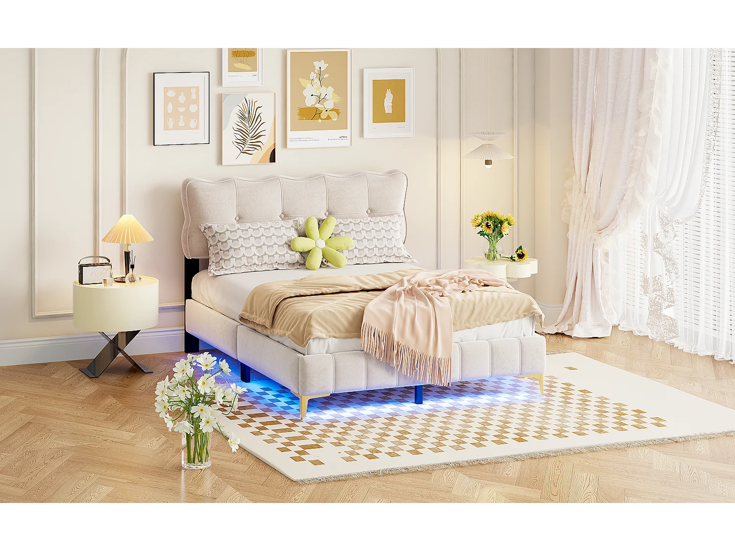 Lit capitonné 140 x 200 cm avec tête de lit - LEDs - Velours - Beige