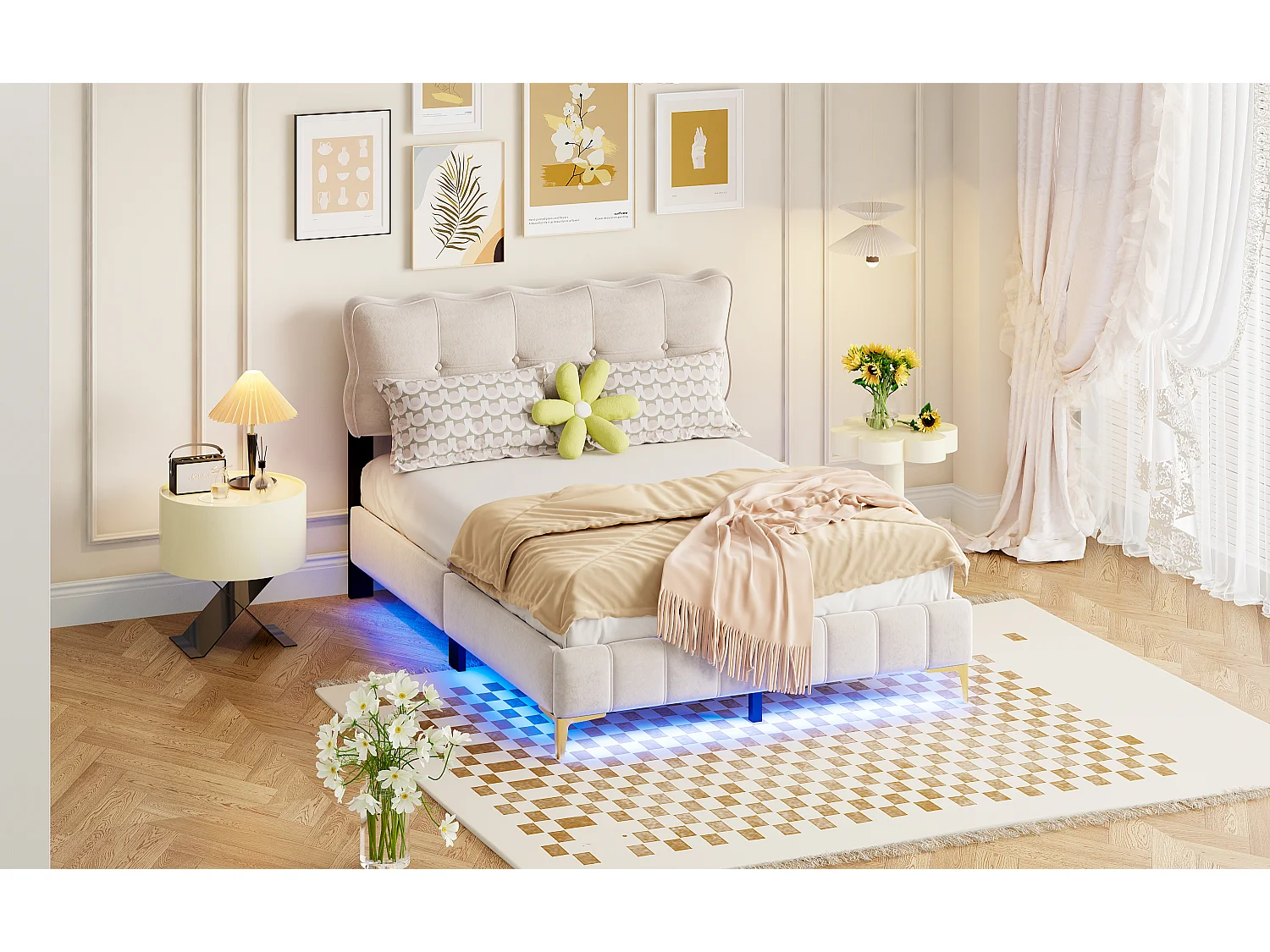 Lit capitonné 140 x 200 cm avec tête de lit - LEDs - Velours - Beige