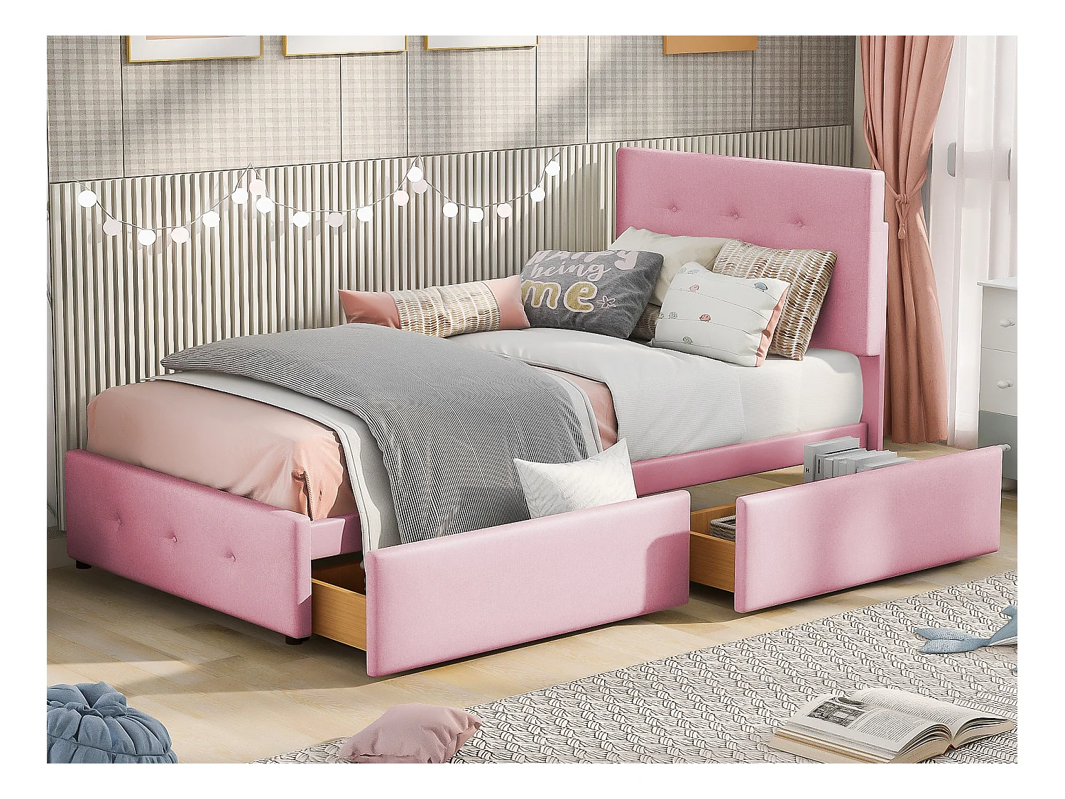 Lit enfant 90 x 200 cm avec tête de lit et 2 tiroirs - Velours - Rose