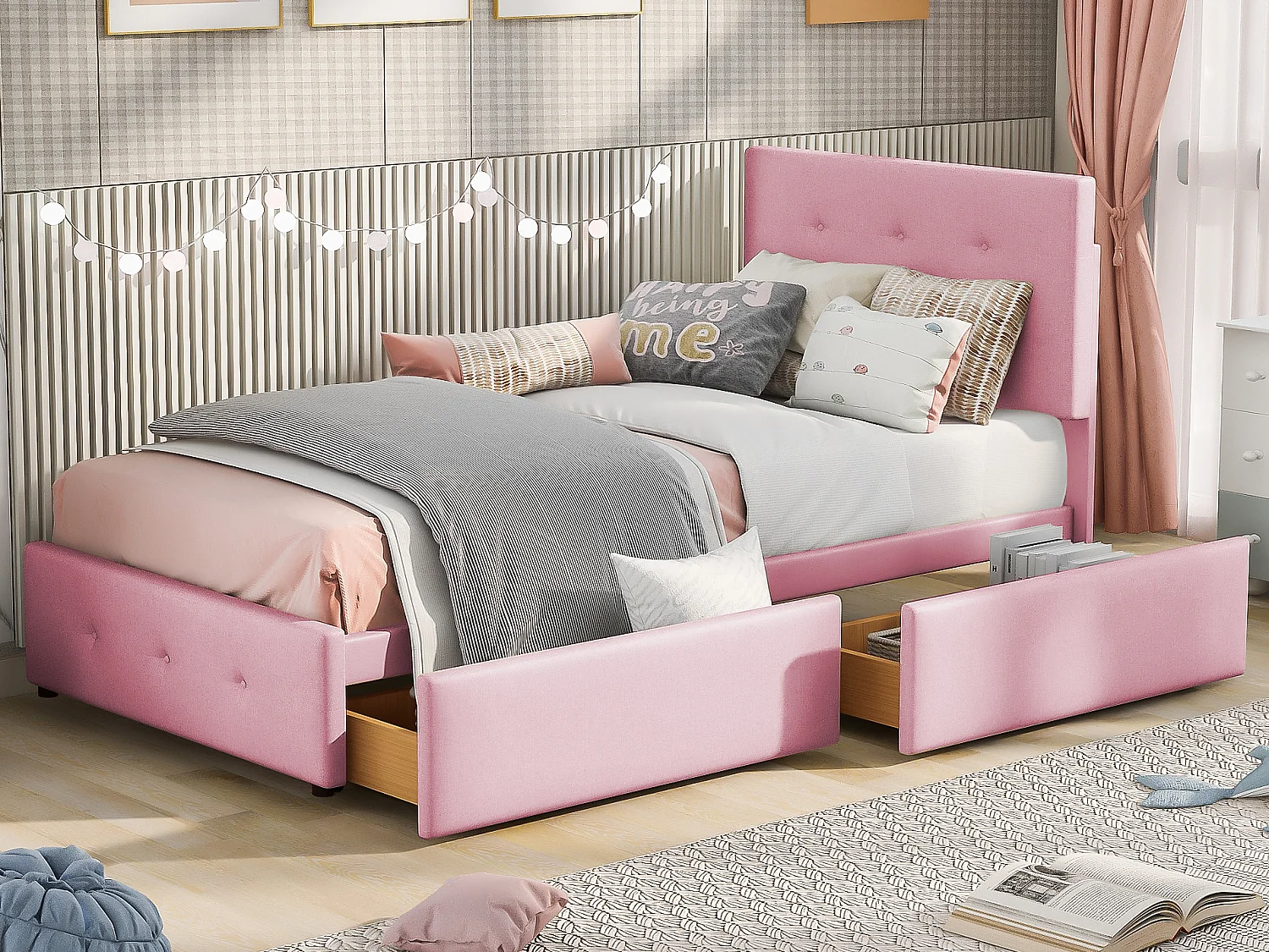 Letto per bambini 90 x 200 cm con testiera e 2 cassetti - Velluto - Rosa