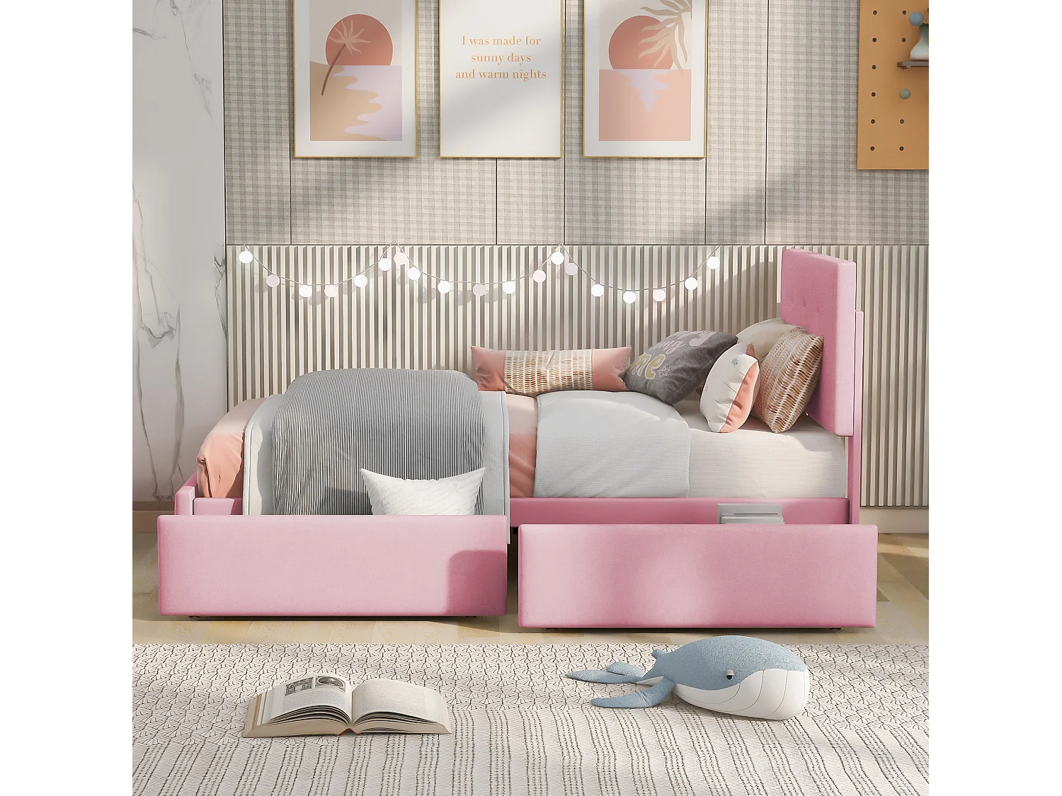 Letto per bambini 90 x 200 cm con testiera e 2 cassetti - Velluto - Rosa