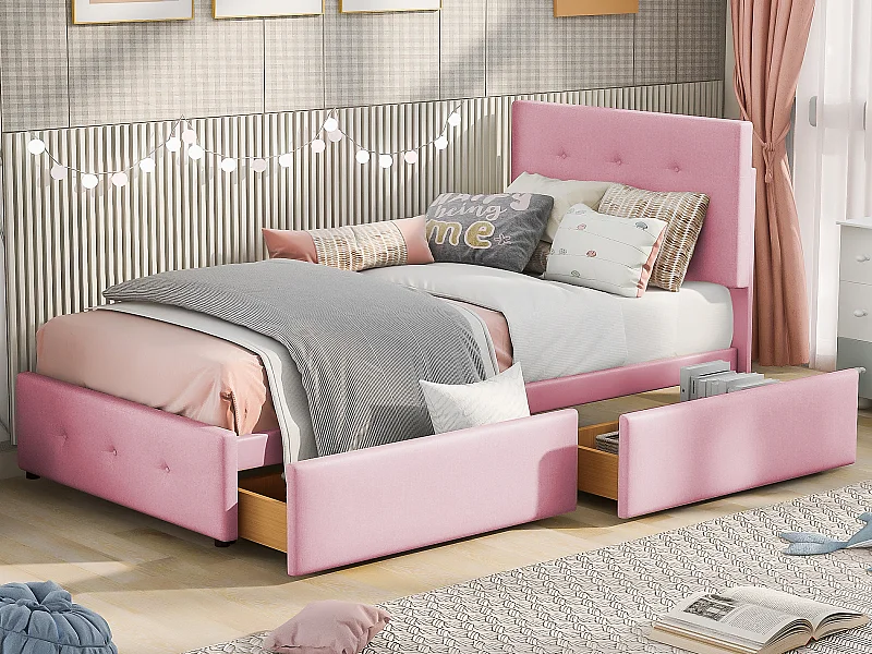 Lit enfant 90 x 200 cm avec tête de lit et 2 tiroirs - Velours - Rose