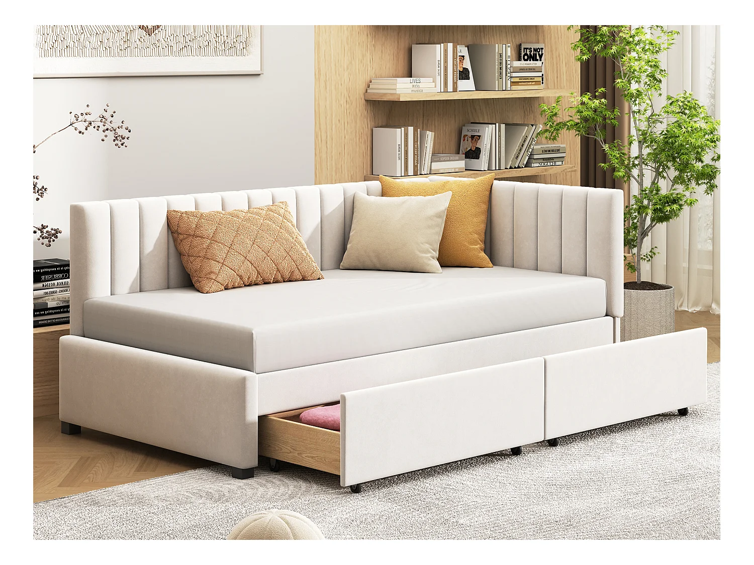 Polsterbett 90 x 200 cm – Schlafsofa mit 2 Schubladen – Samt – Beige