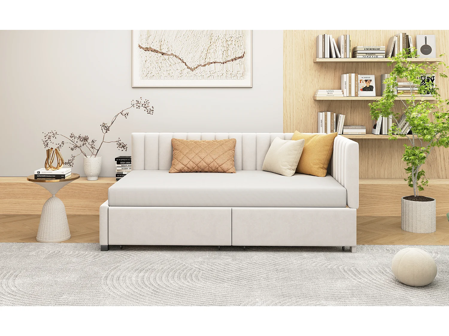 Polsterbett 90 x 200 cm – Schlafsofa mit 2 Schubladen – Samt – Beige